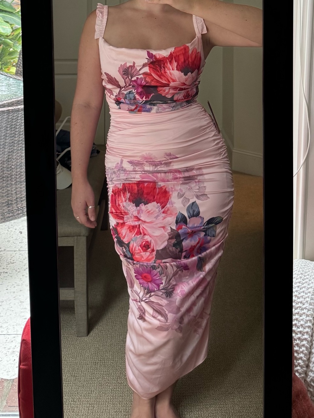 BHLDN Floral Ruched Pink Midi Dress
